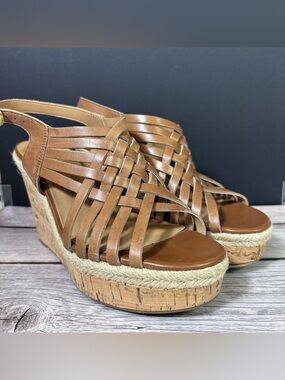 Franco Sarto Tammie Woven Cork Wedge Sandals 7.5 Cognac Leather Boho